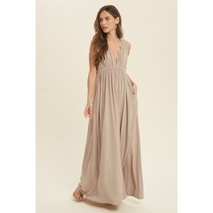 Scallop Lace Trim Detail with Low Back Maxi Dress in Stone color